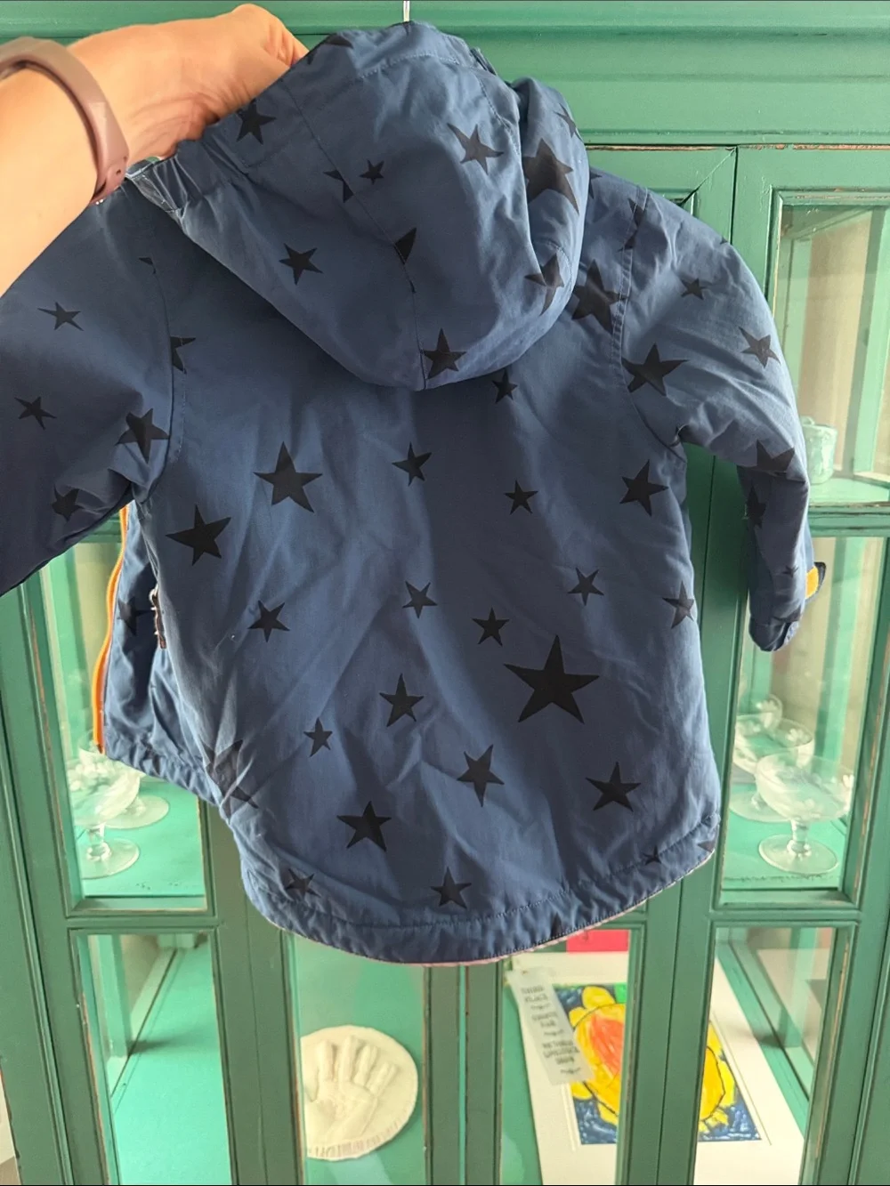 Hannah Anderson Blue Star Print Hooded Jacket w/ Yellow Trim size 90 (3-4 year)